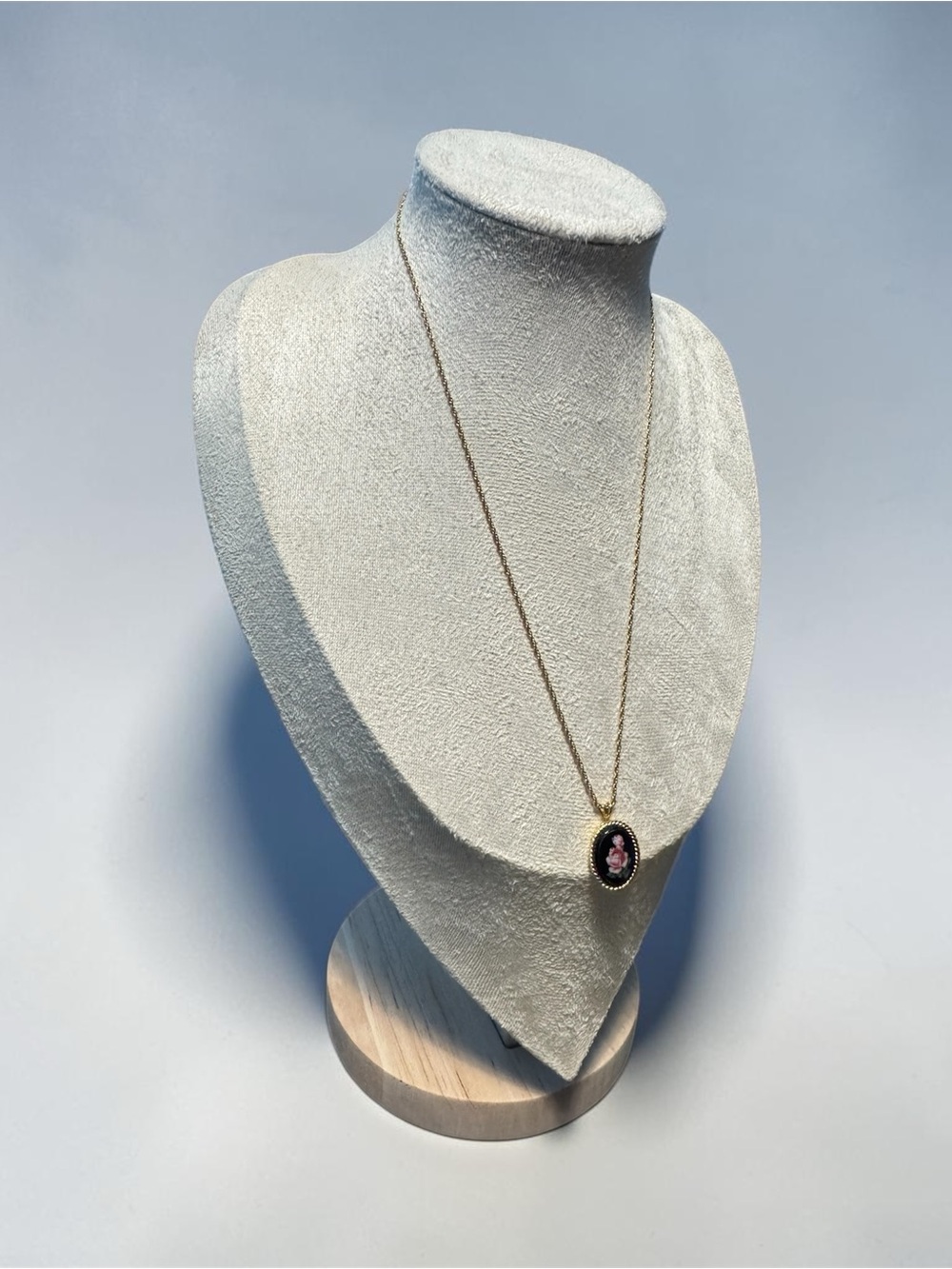 Trifari Gold-Tone Oval Pendant Necklace with Pink Rose Portrait